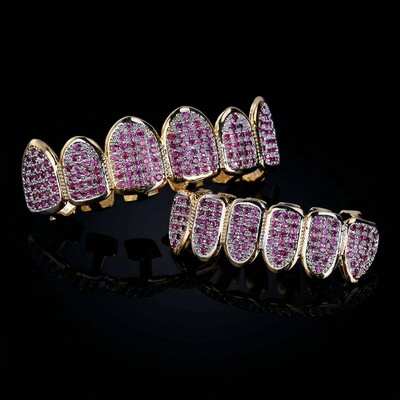 Iced Out Pink Purple Diamonds Grillz Set