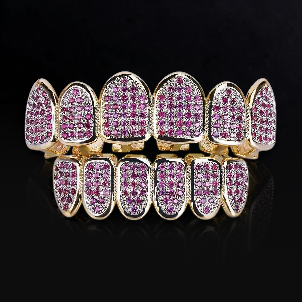 Iced Out Pink Purple Diamonds Grillz Set