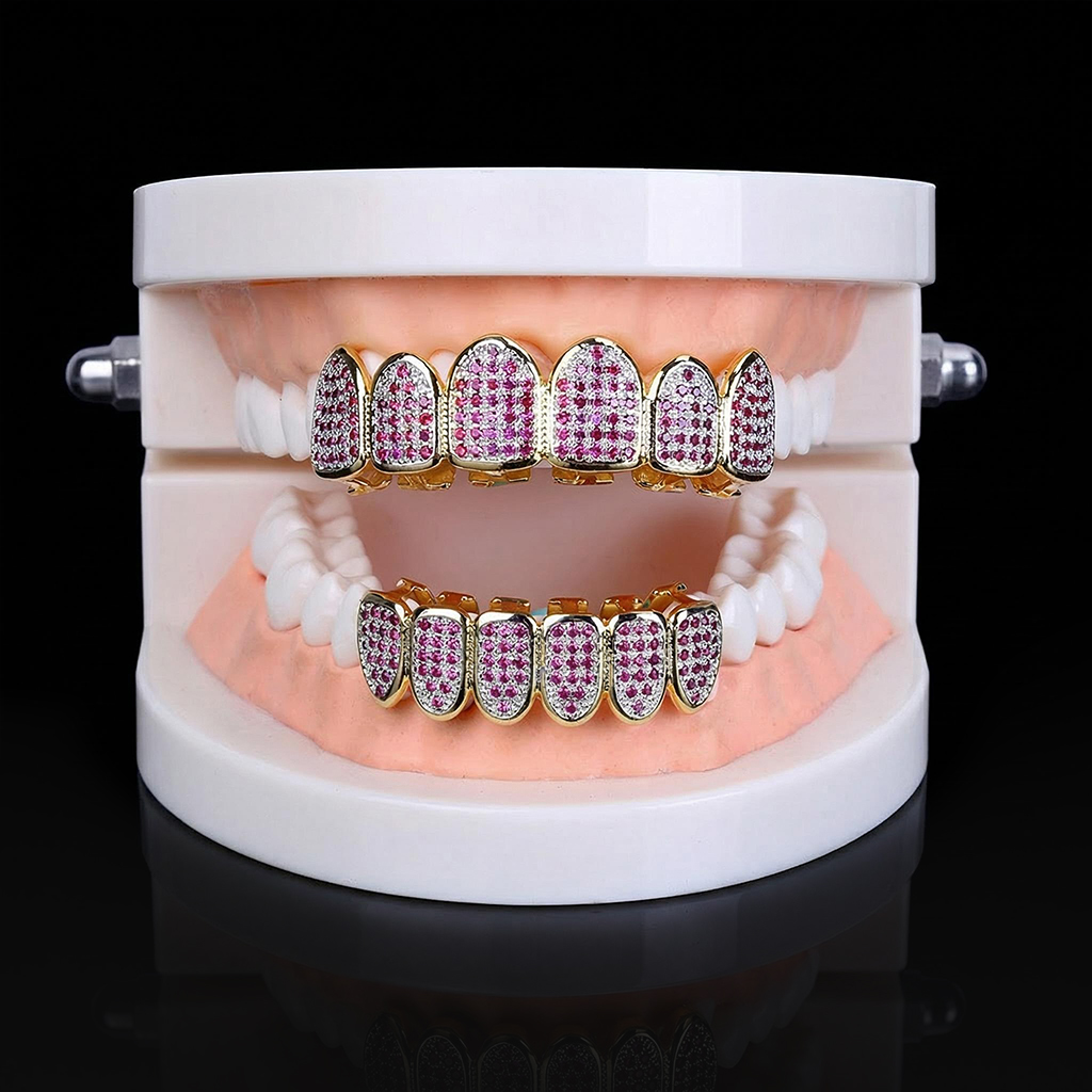 Iced Out Pink Purple Diamonds Grillz Set