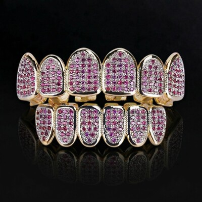 Iced Out Pink Purple Diamonds Grillz Set