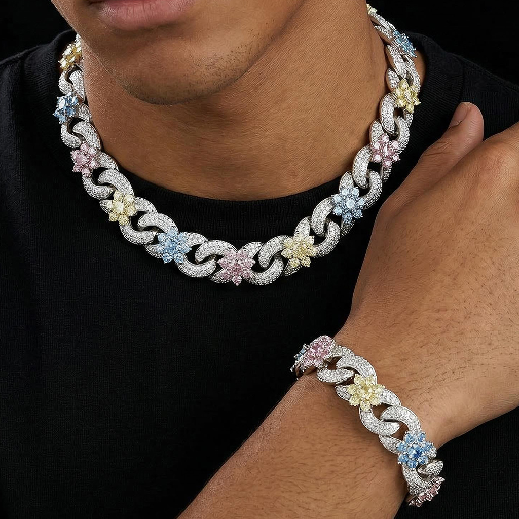 Iced Out Colorful Flower Infinity Link Chain and Bracelet Set