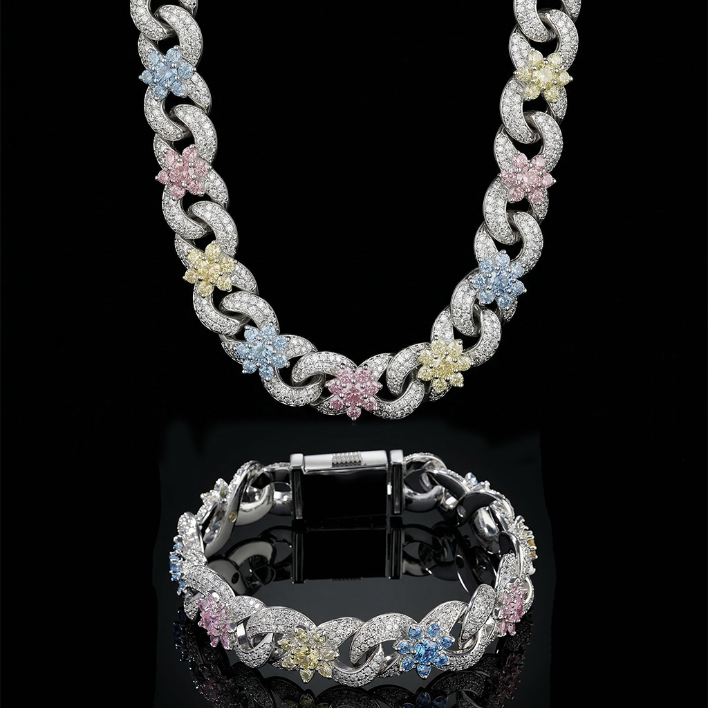 Iced Out Colorful Flower Infinity Link Chain and Bracelet Set