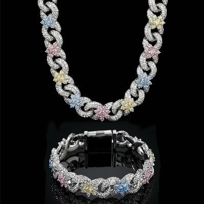 Iced Out Colorful Flower Infinity Link Chain and Bracelet Set