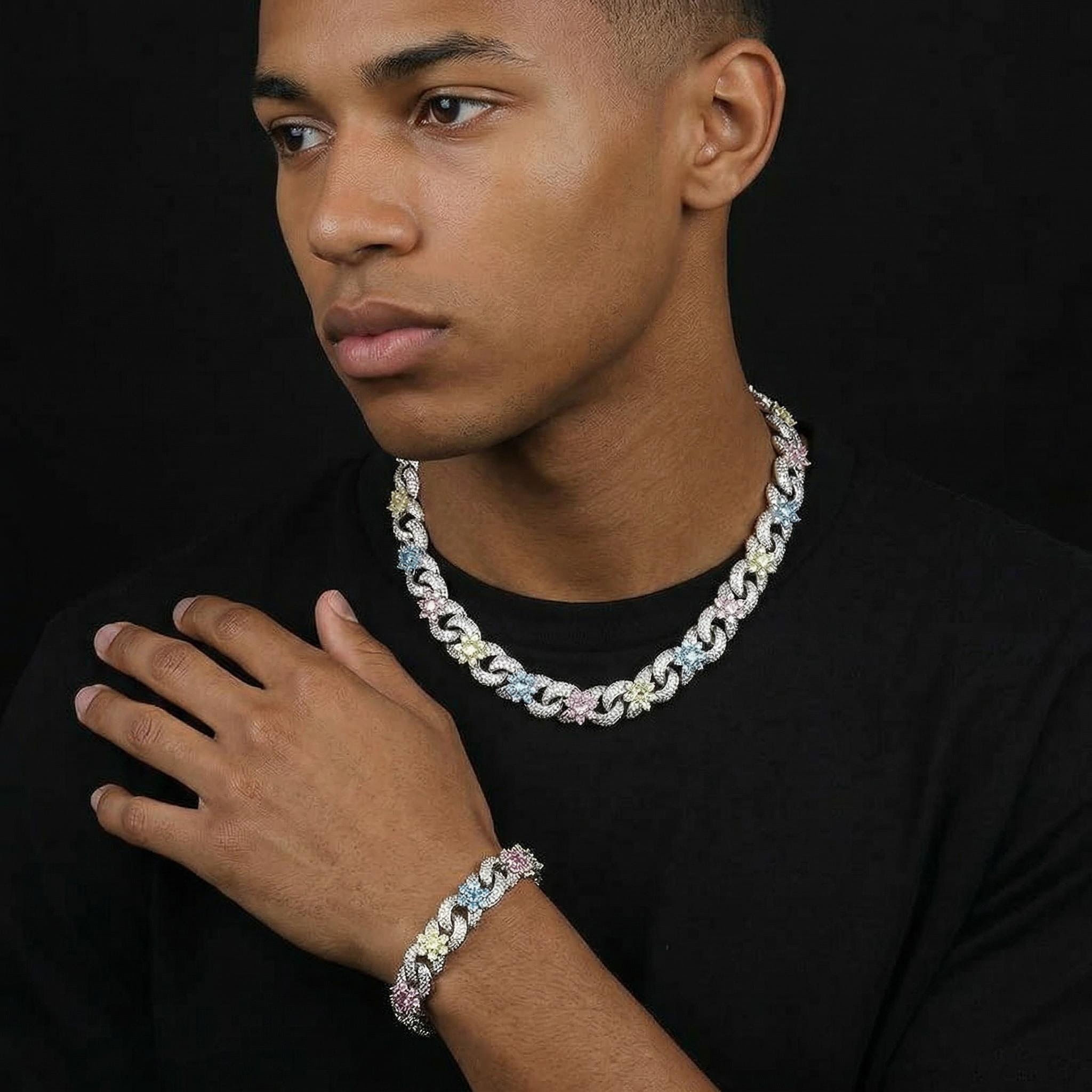 Iced Out Colorful Flower Infinity Link Chain and Bracelet Set