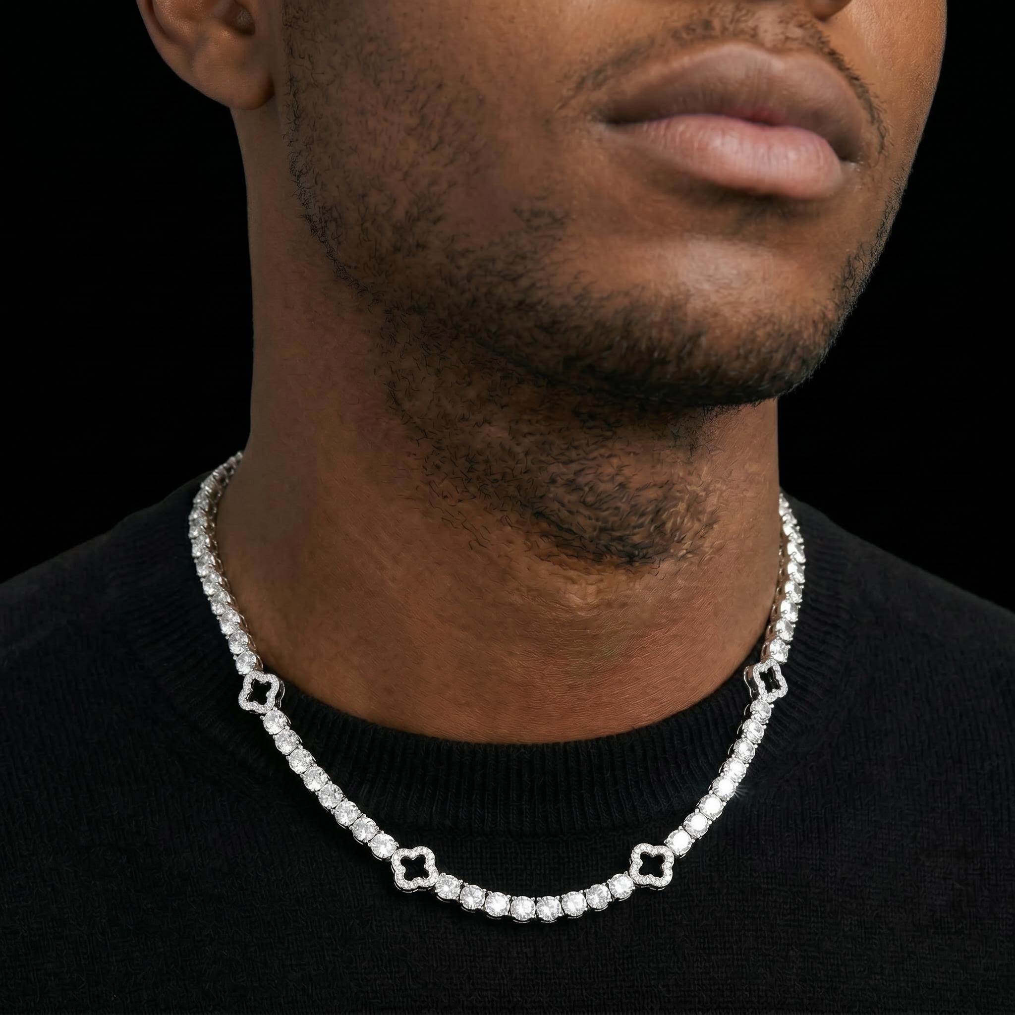 925 Silver & VVS1 Moissanite 5mm Black Four Leaf Clover Tennis Chain