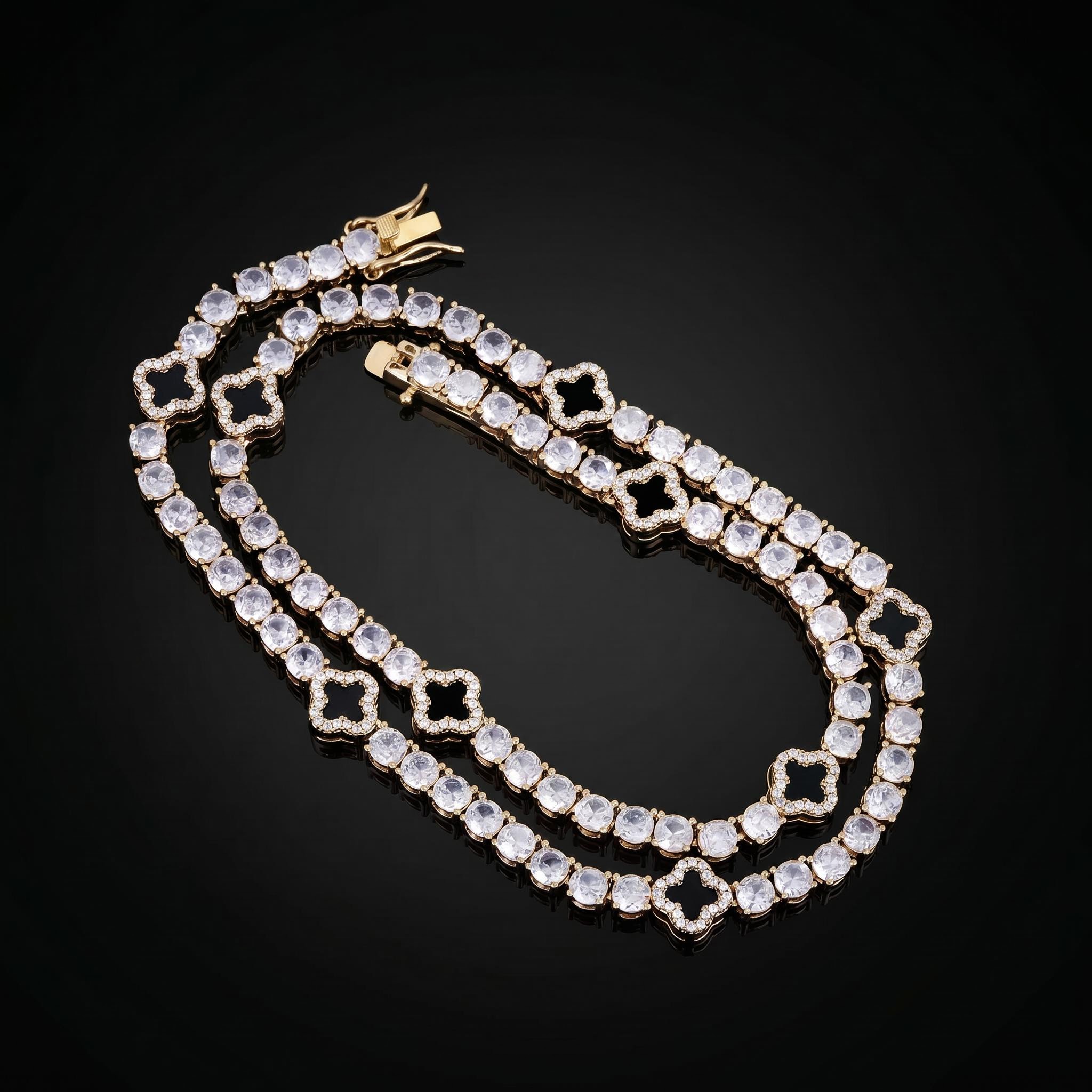 925 Silver & VVS1 Moissanite 5mm Black Four Leaf Clover Tennis Chain