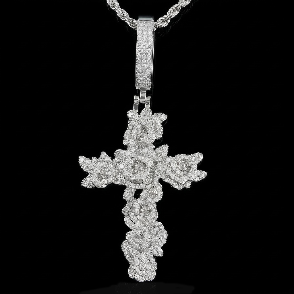 Iced Out Rose Cross Pendant