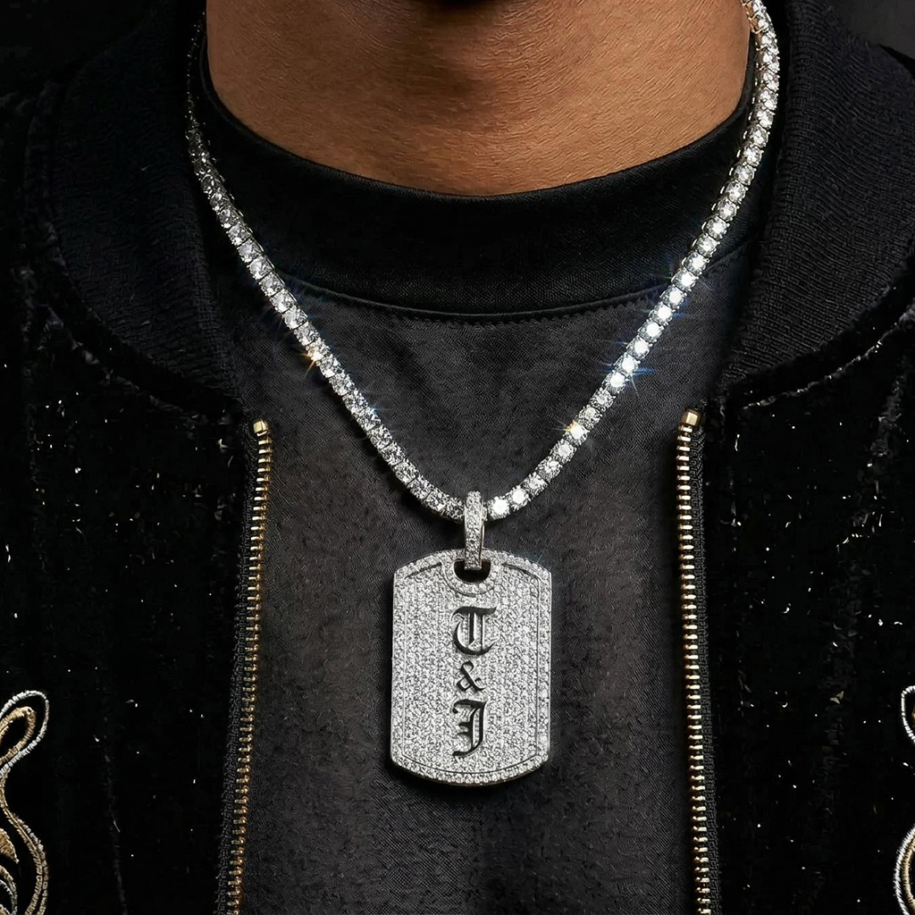 Iced Out Old English Custom Name Dog Tag Pendant