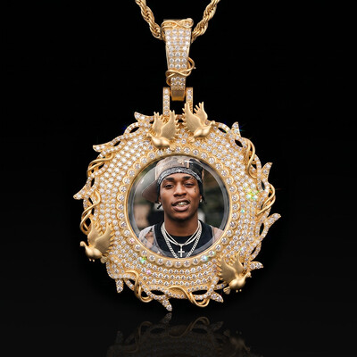 Iced Out Dove and Thorn Customized Photo Pendant