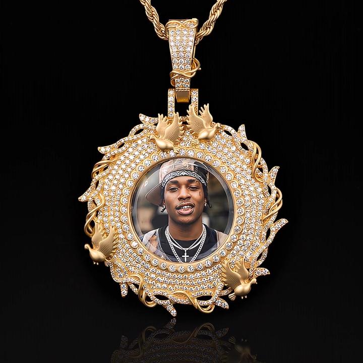 Iced Out Dove and Thorn Customized Photo Pendant