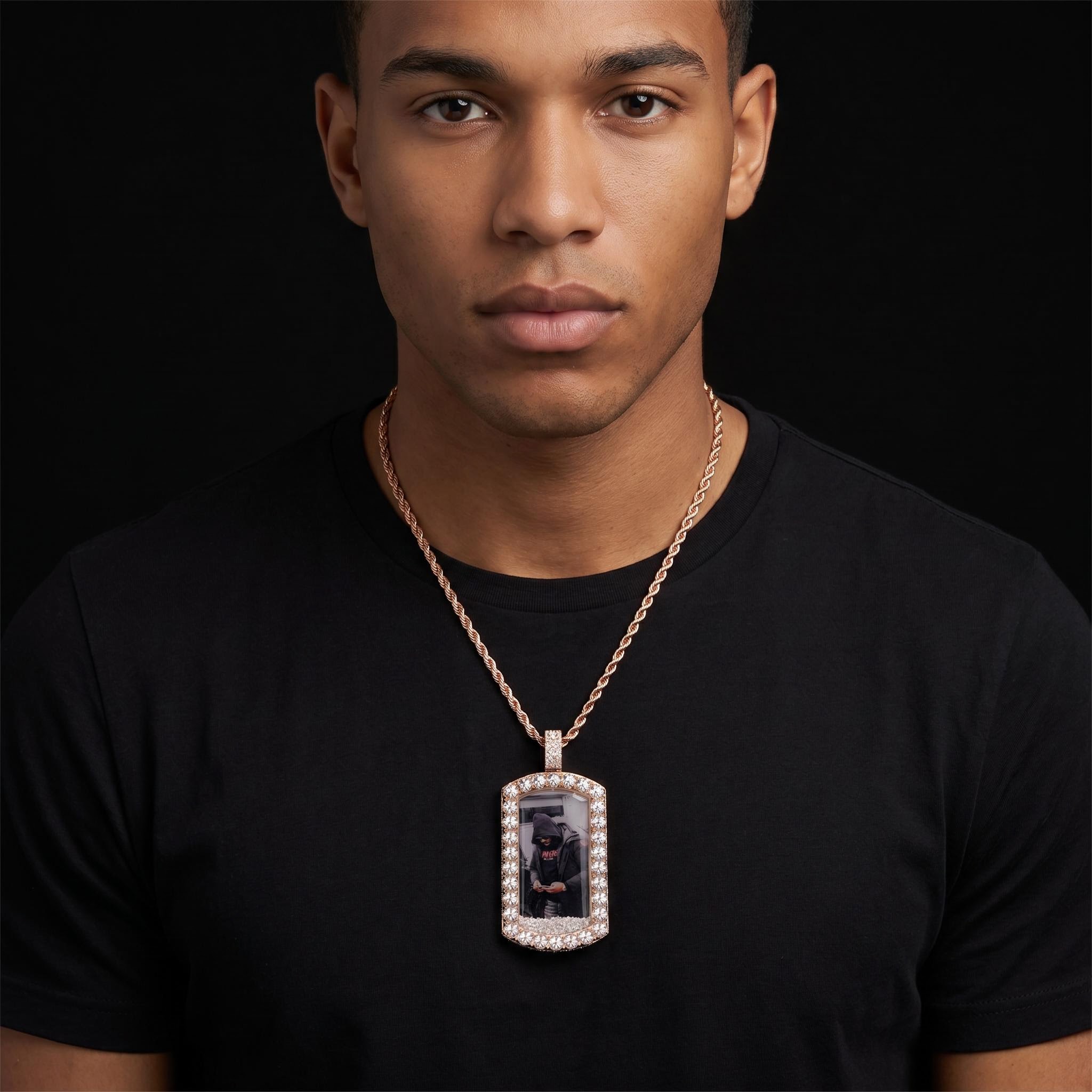 Upside Down Inverted Diamond Icy-Filled Customized Photo Dog Tag Pendant Upside Down Inverted Diamond Icy-Filled Customized Photo Dog Tag Pendant