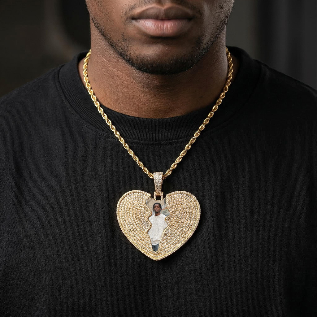 Iced Out Broken Heart Custom Photo Pendant