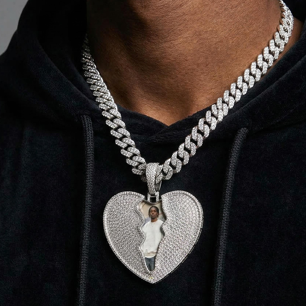 Iced Out Broken Heart Custom Photo Pendant