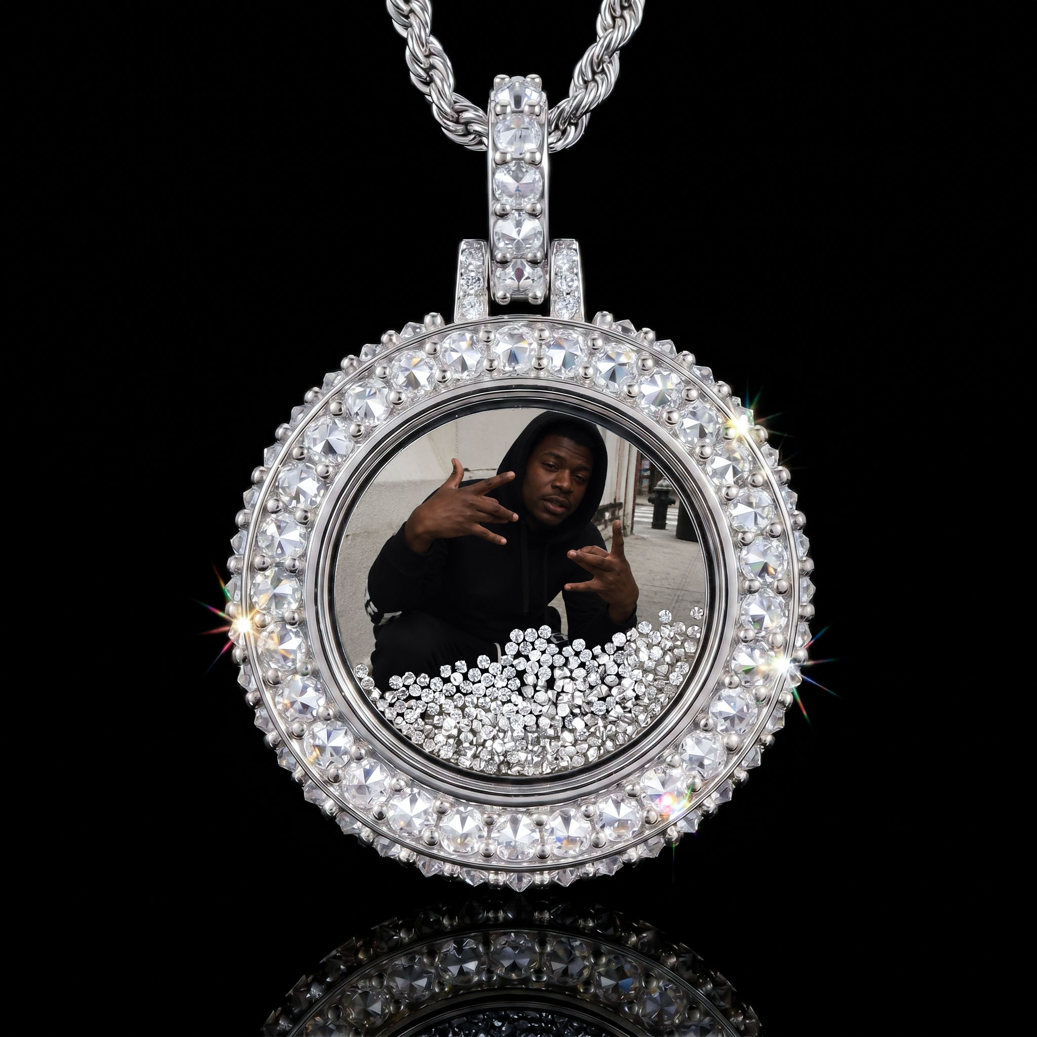 Upside Down Inverted Diamond Icy-Filled Disc Custom Photo Pendant
