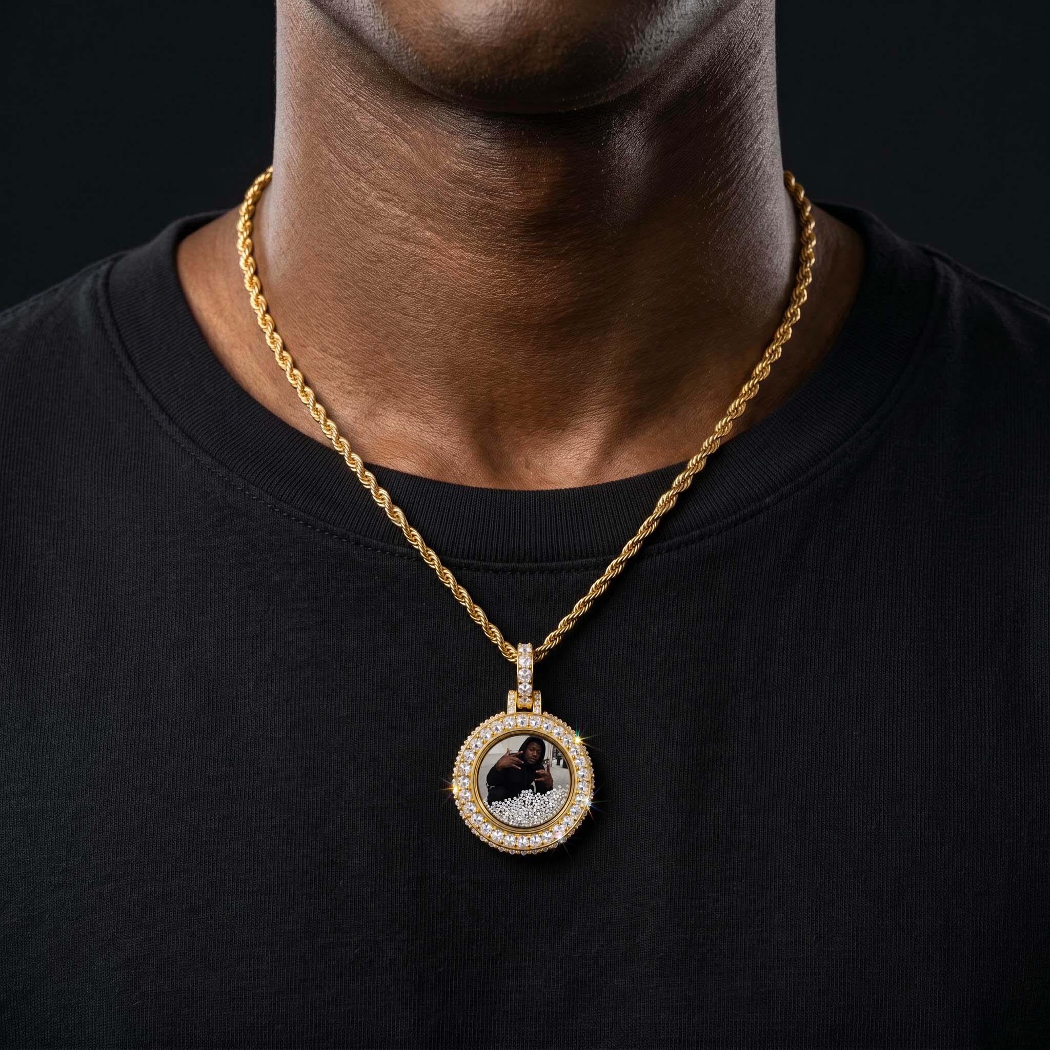 Upside Down Inverted Diamond Icy-Filled Disc Custom Photo Pendant
