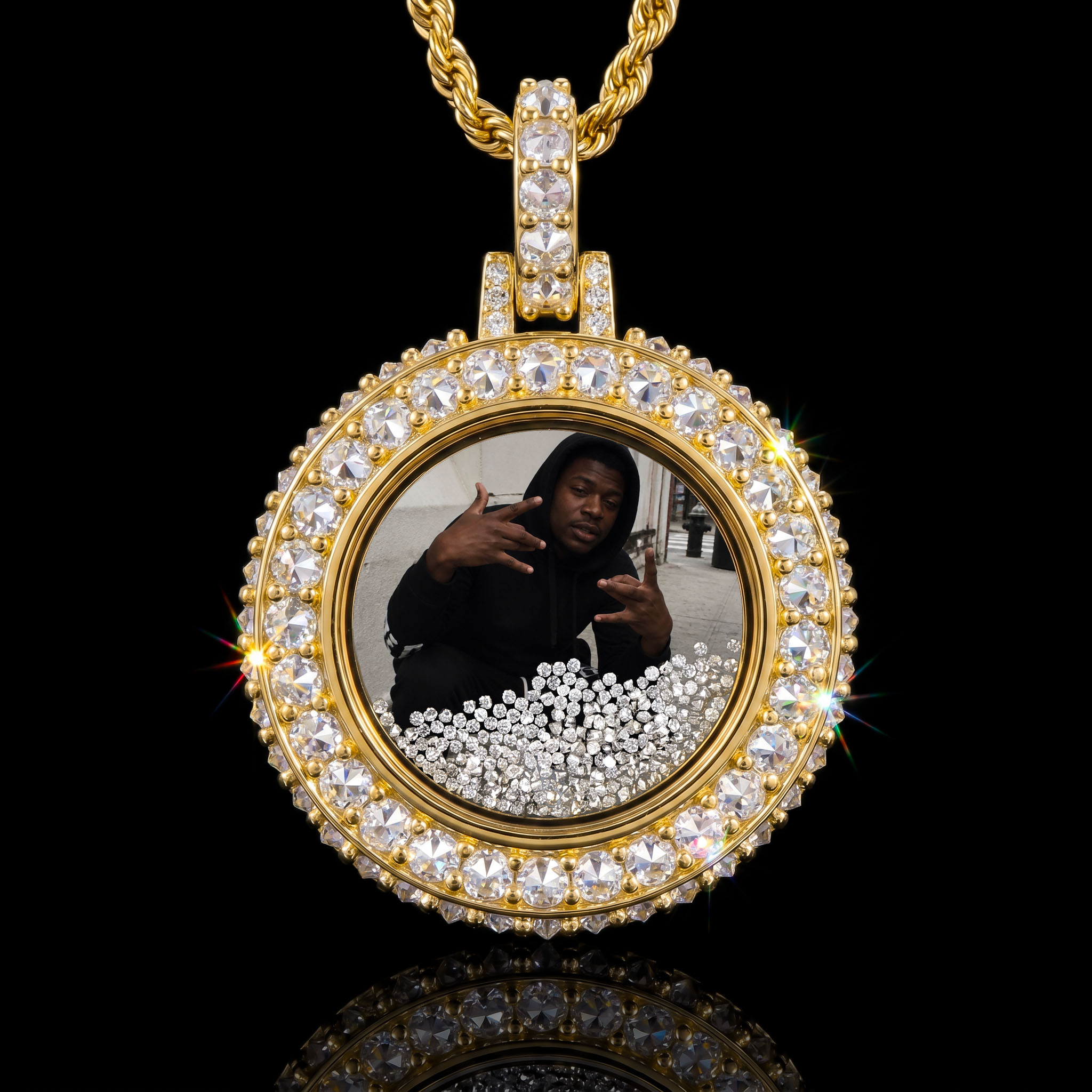 Upside Down Inverted Diamond Icy-Filled Disc Custom Photo Pendant