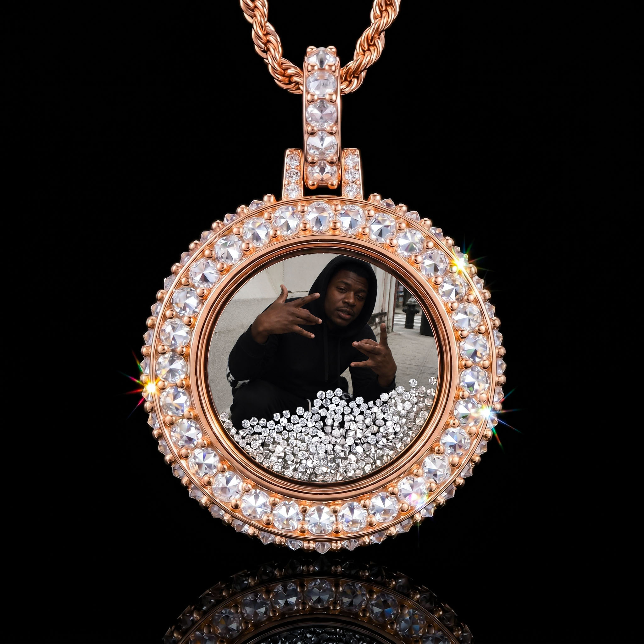 Upside Down Inverted Diamond Icy-Filled Disc Custom Photo Pendant