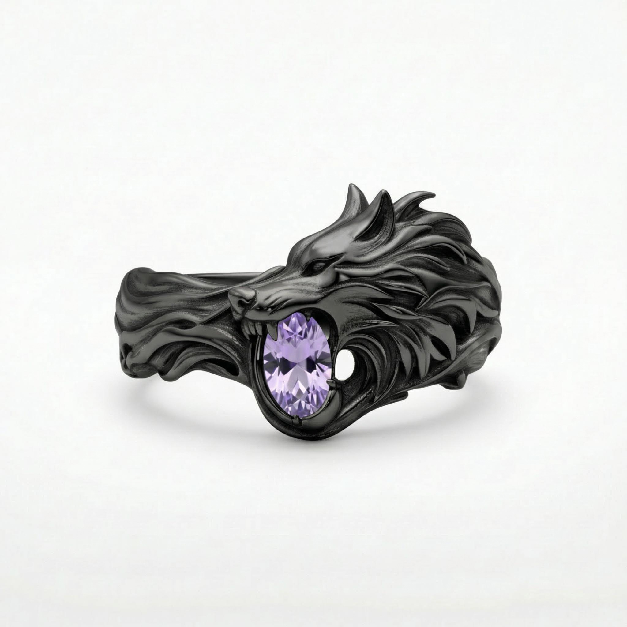 1.2Ct CTW Wolf Design Purple Oval Cut S925 Silver Ring