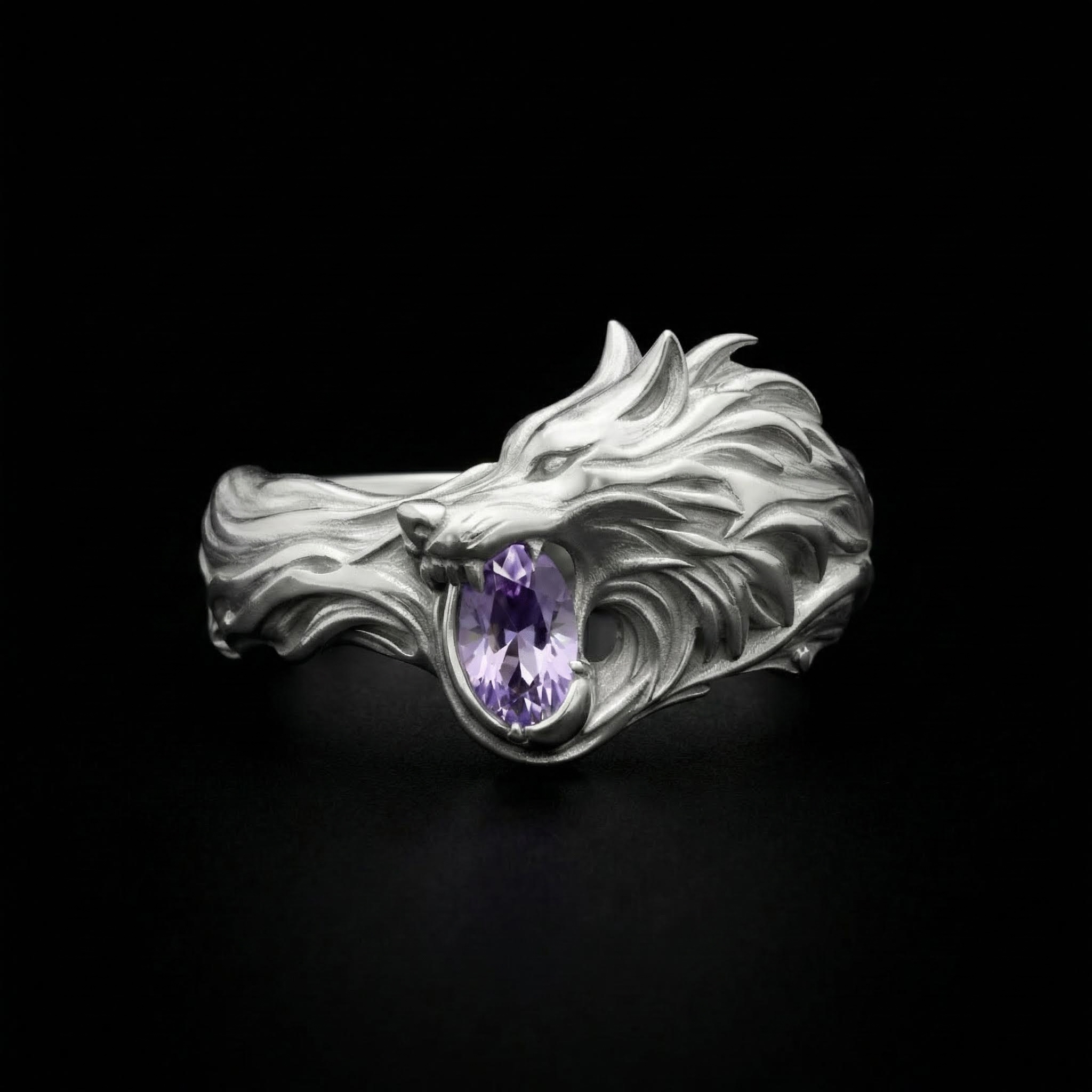 1.2Ct CTW Wolf Design Purple Oval Cut S925 Silver Ring