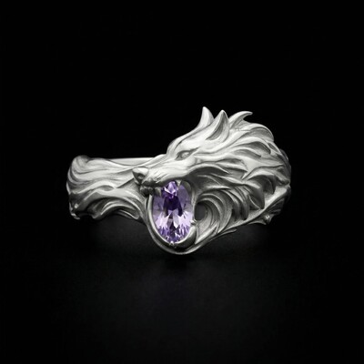 1.2Ct CTW Wolf Design Purple Oval Cut S925 Silver Ring