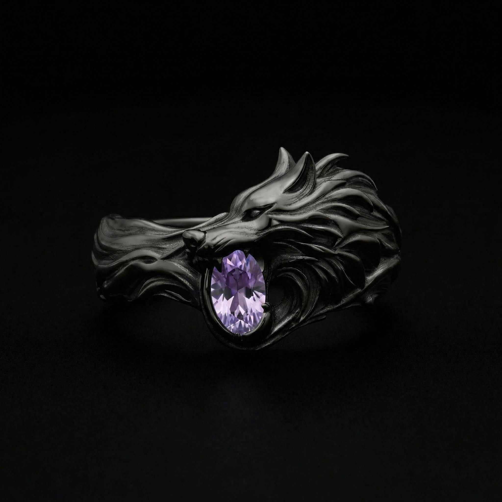 1.2Ct CTW Wolf Design Purple Oval Cut S925 Silver Ring