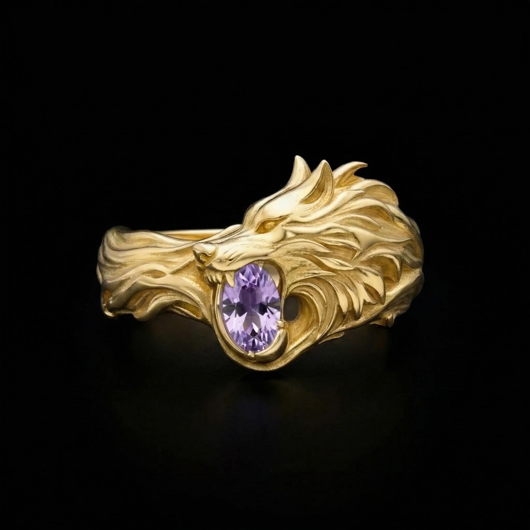1.2Ct CTW Wolf Design Purple Oval Cut S925 Silver Ring