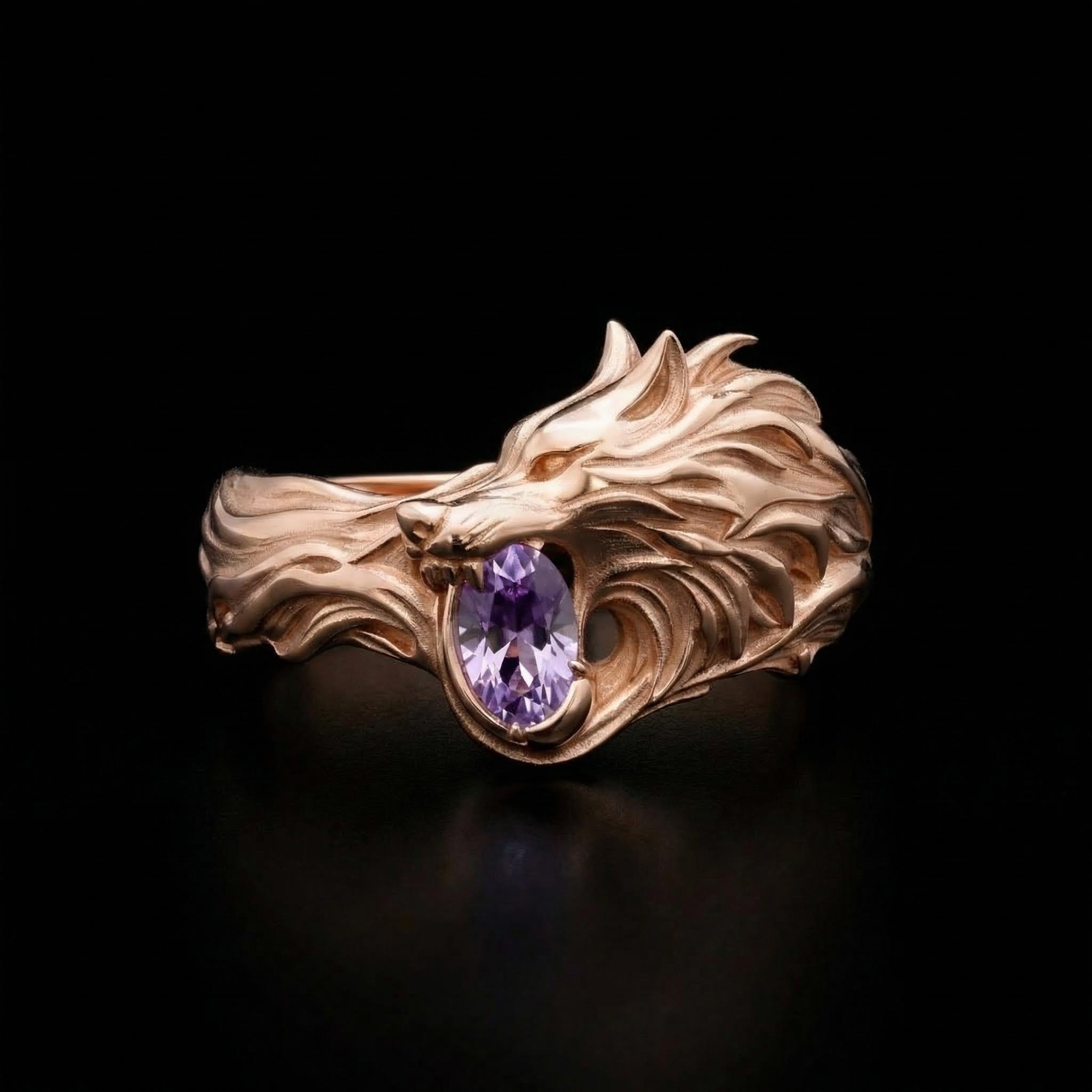 1.2Ct CTW Wolf Design Purple Oval Cut S925 Silver Ring