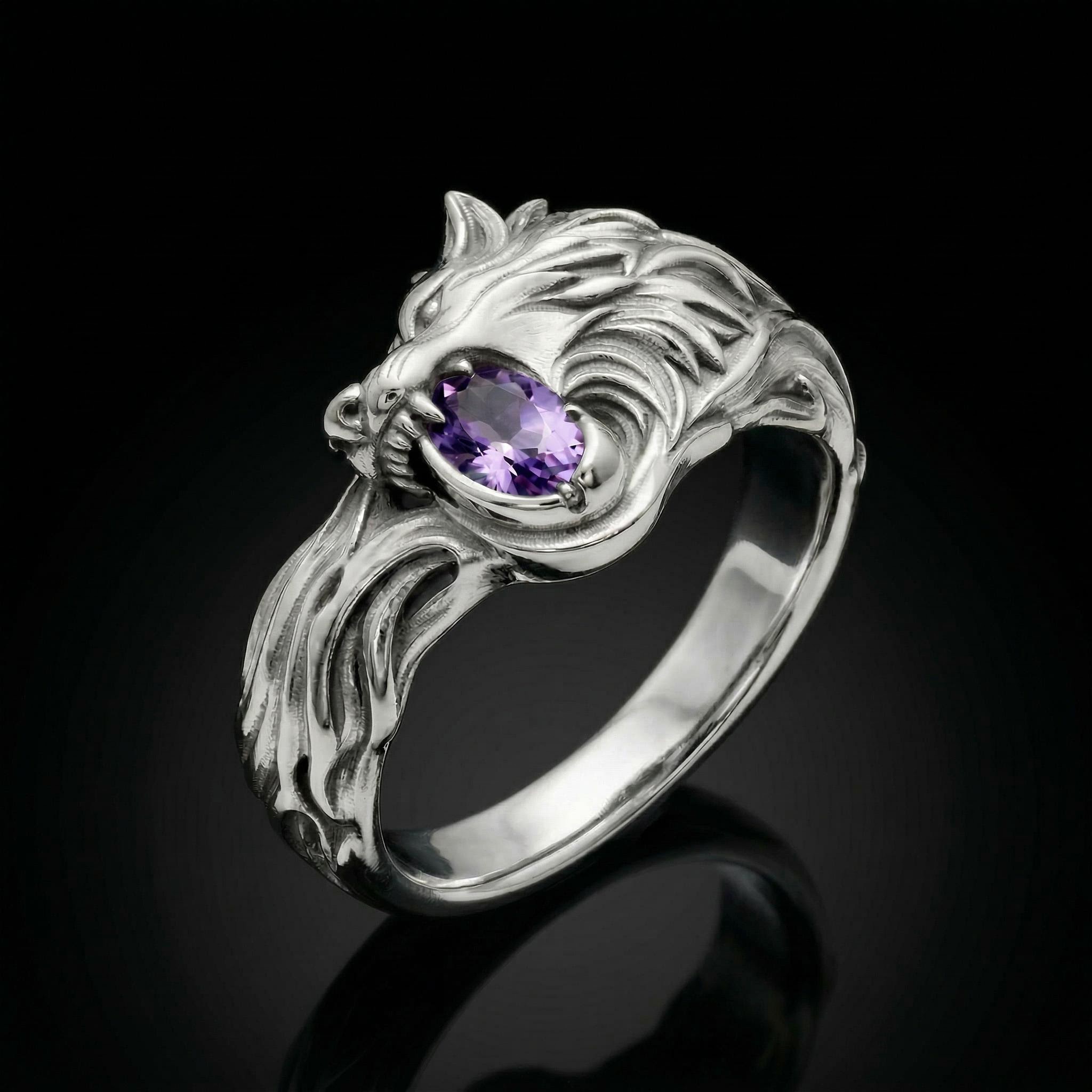 1.2ct. tw. Wolf Design Purple Oval Cut S925 Silver Ring