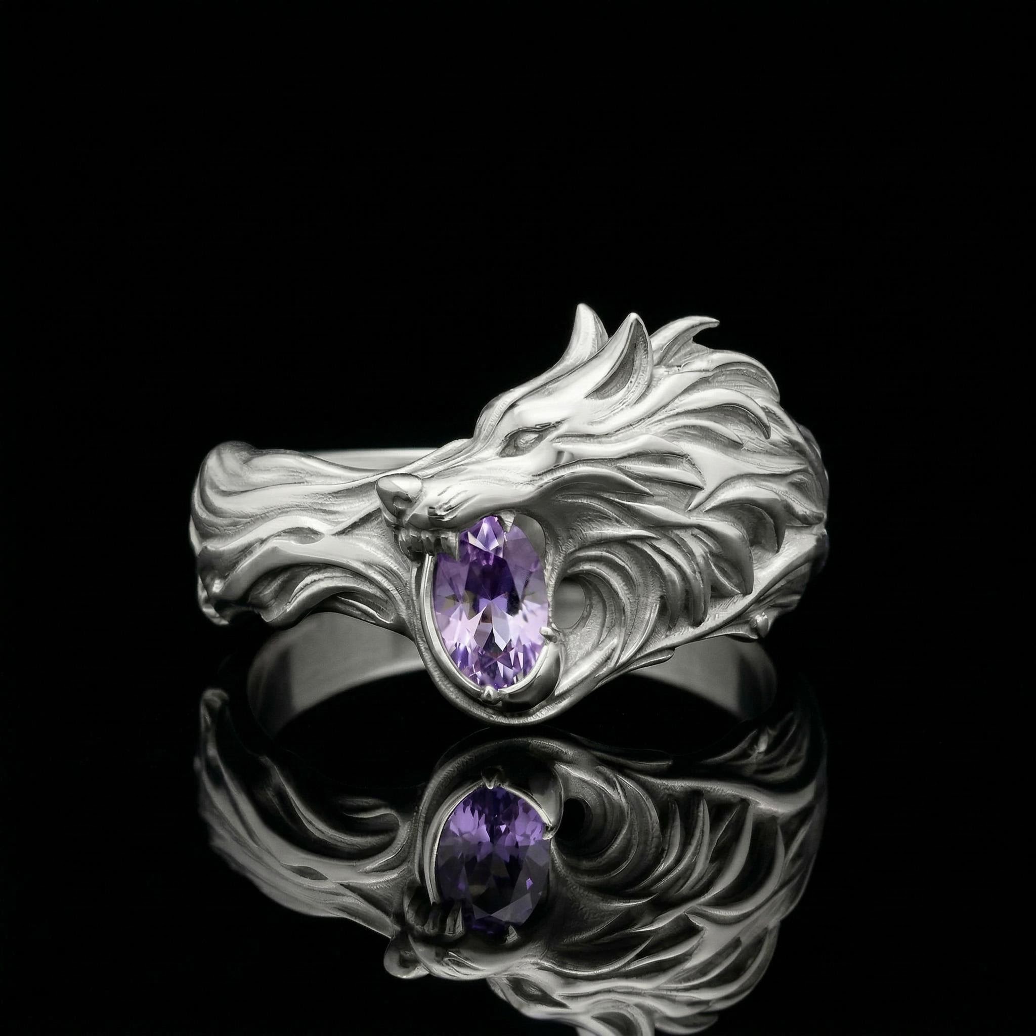 1.2ct. tw. Wolf Design Purple Oval Cut S925 Silver Ring