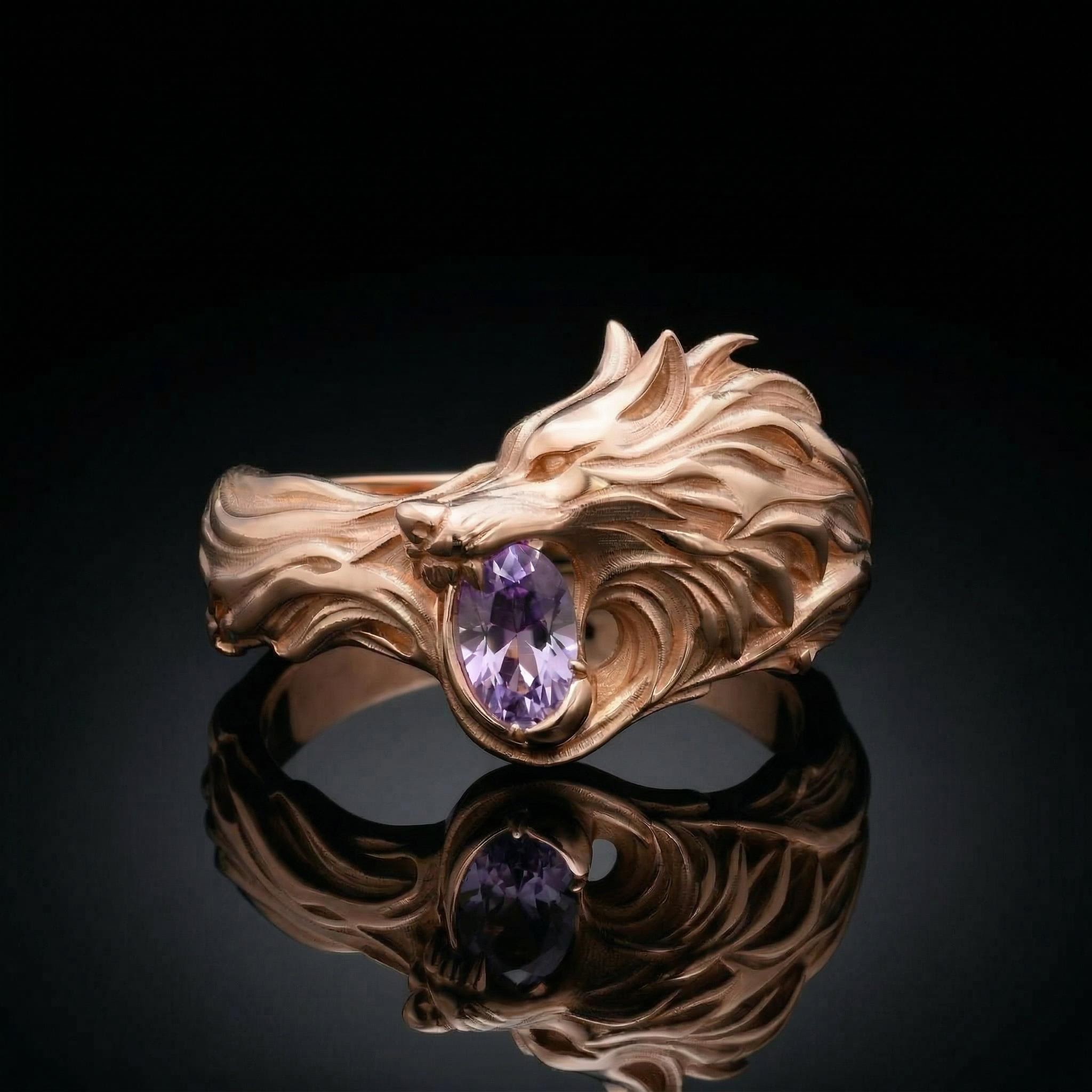 1.2ct. tw. Wolf Design Purple Oval Cut S925 Silver Ring