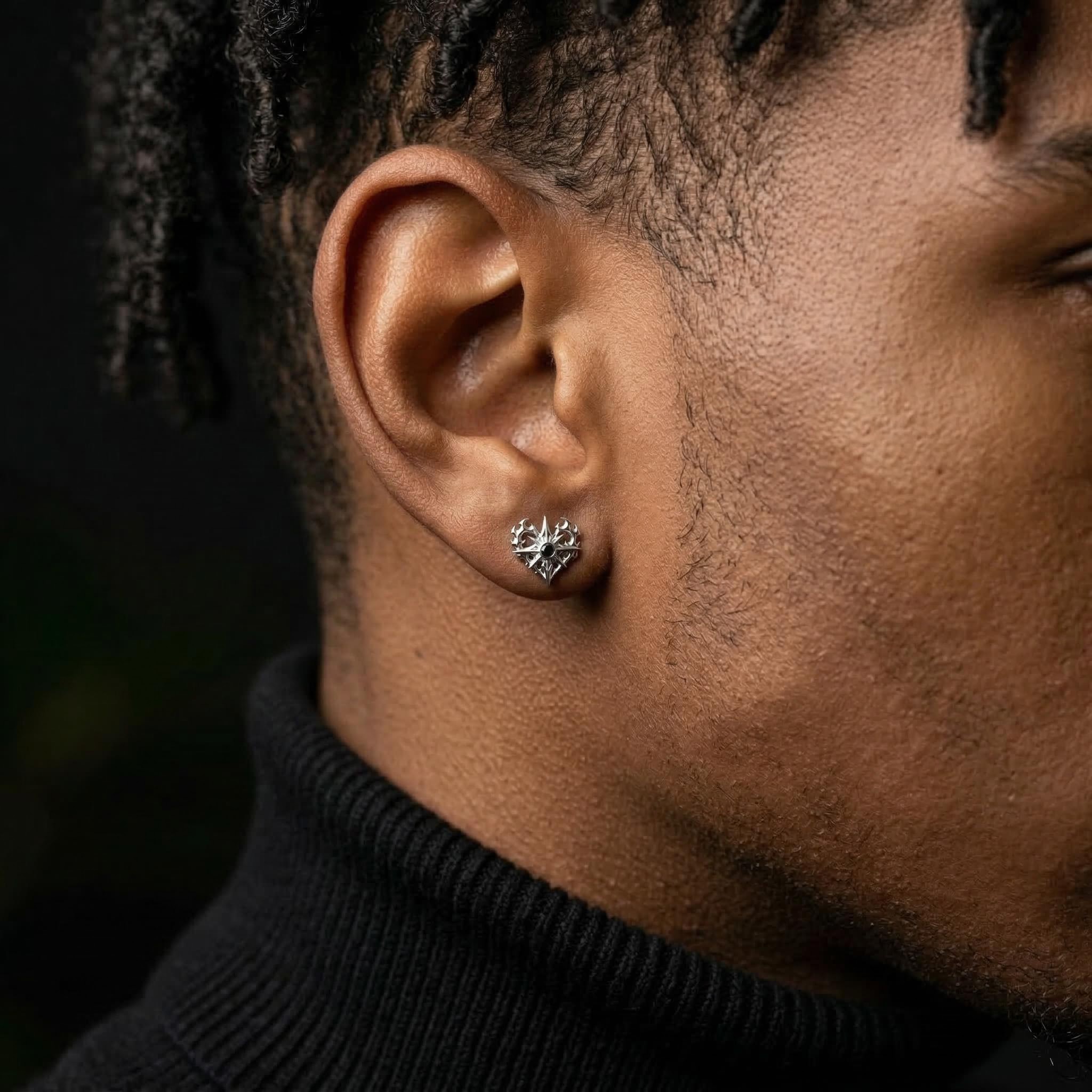 Men's Edgy Vintage Round Black Diamond S925 Silver Earrings