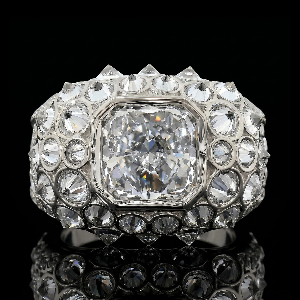 Iced Out Upside Down Inverted Cushion Cut Men's Ring Iced Out Upside Down Inverted Cushion Cut Men's Ring