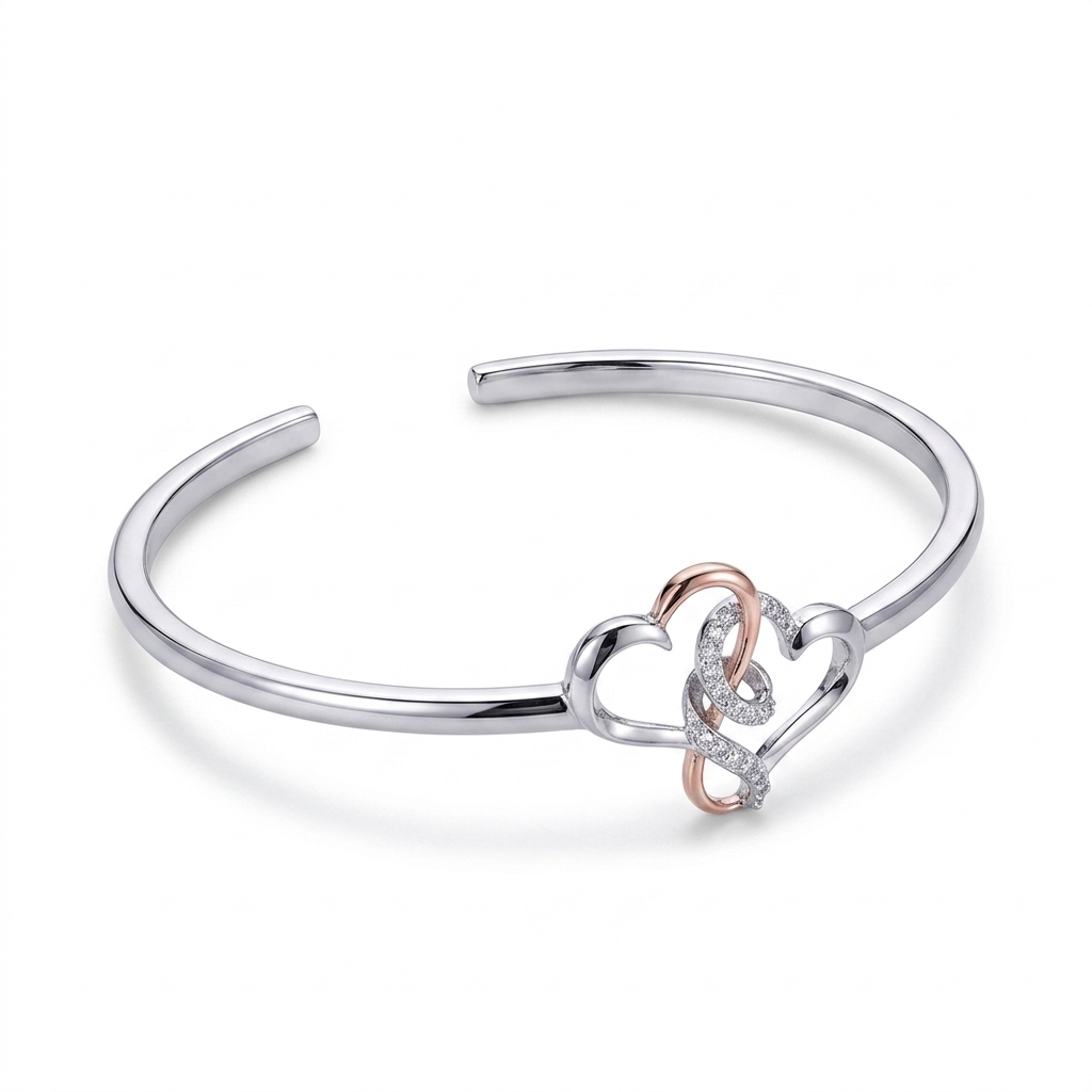 0.5 ct.tw. Two-tone Intertwined Hearts VVS Moissanite S925 Silver Bangle