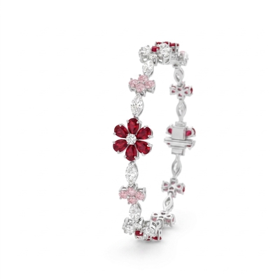 6.85 ct.tw. Floral Garnet & Pink Round with Marquise Cut Stone Bracelet
