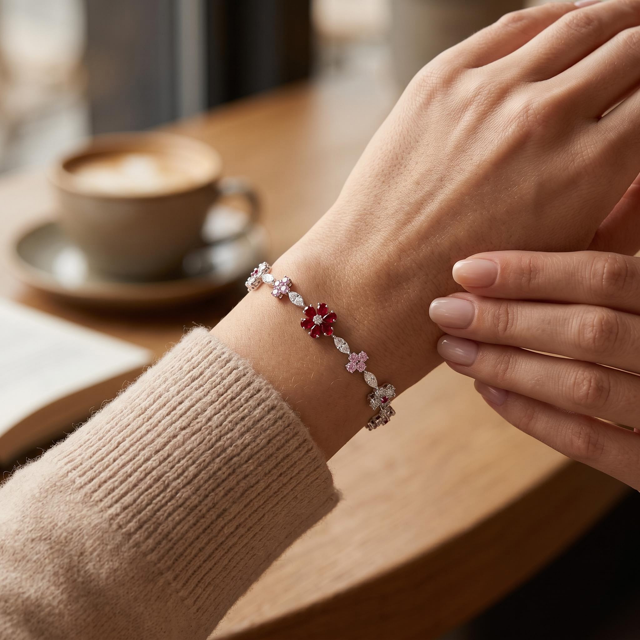 6.85 ct.tw. Floral Garnet & Pink Round with Marquise Cut Stone Bracelet