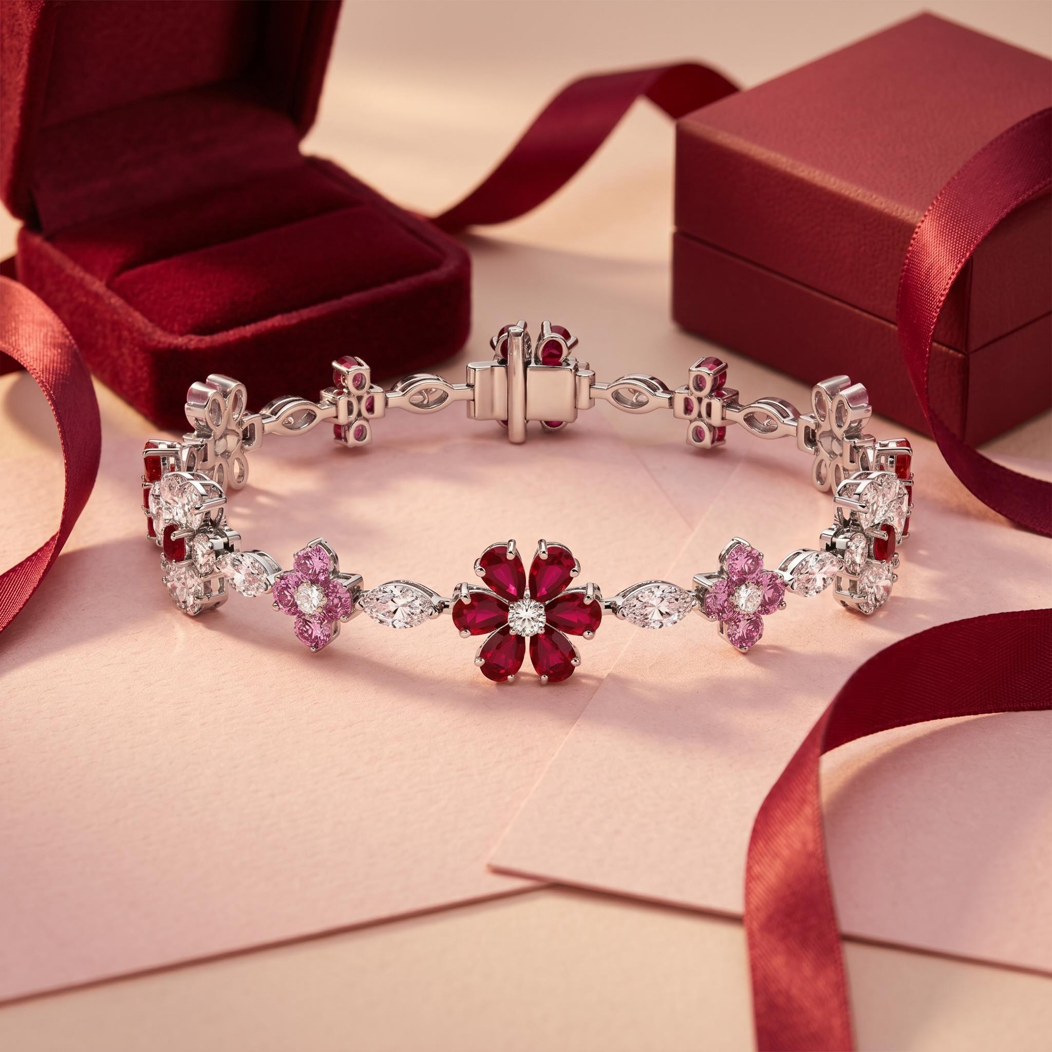 6.85 ct.tw. Floral Garnet & Pink Round with Marquise Cut Stone Bracelet 6.85 ct.tw. Floral Garnet & Pink Round with Marquise Cut Stone Bracelet