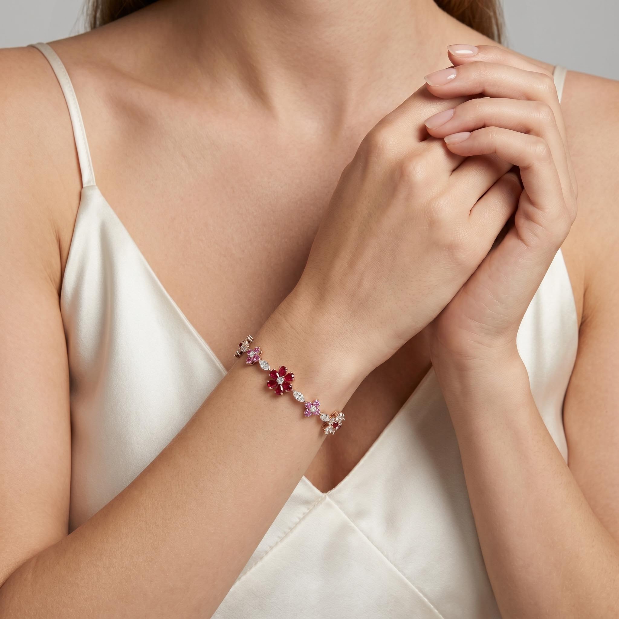 6.85 ct.tw. Floral Garnet & Pink Round with Marquise Cut Stone Bracelet 6.85 ct.tw. Floral Garnet & Pink Round with Marquise Cut Stone Bracelet