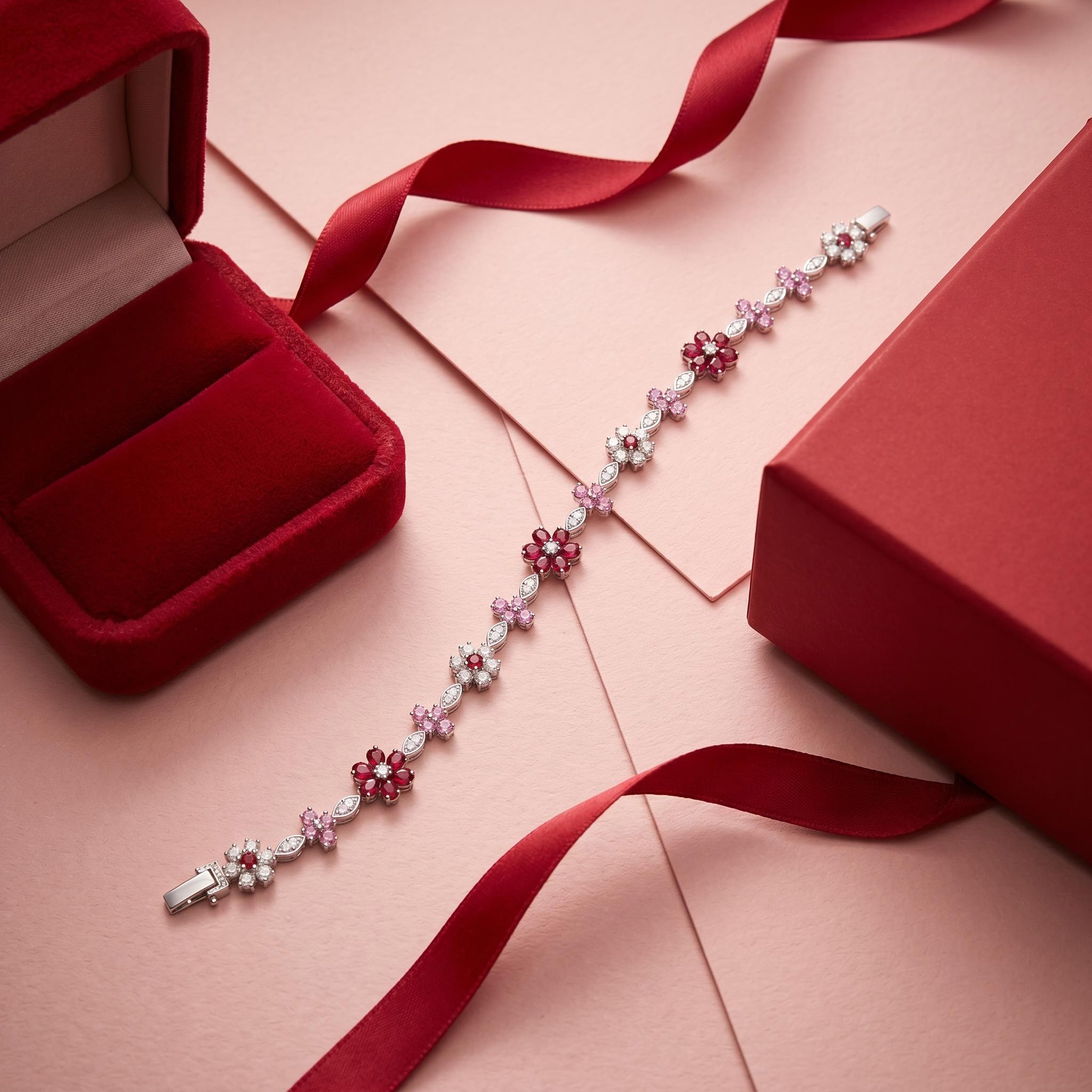 6.85 ct.tw. Floral Garnet & Pink Round with Marquise Cut Stone Bracelet 6.85 ct.tw. Floral Garnet & Pink Round with Marquise Cut Stone Bracelet