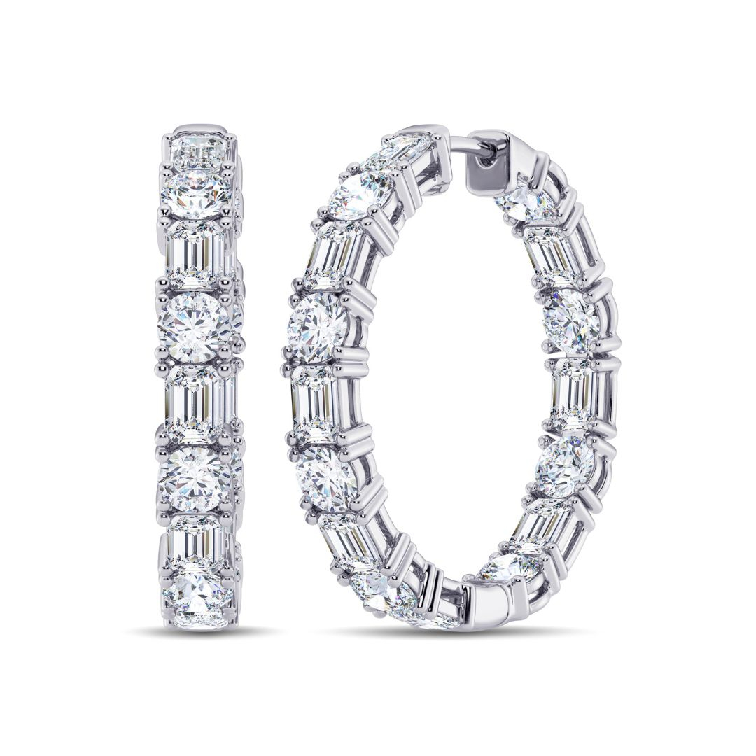 8.0 ct.tw. Alternating Emerald & Round Cut VVS Moissanite S925 Silver Hoop Earrings