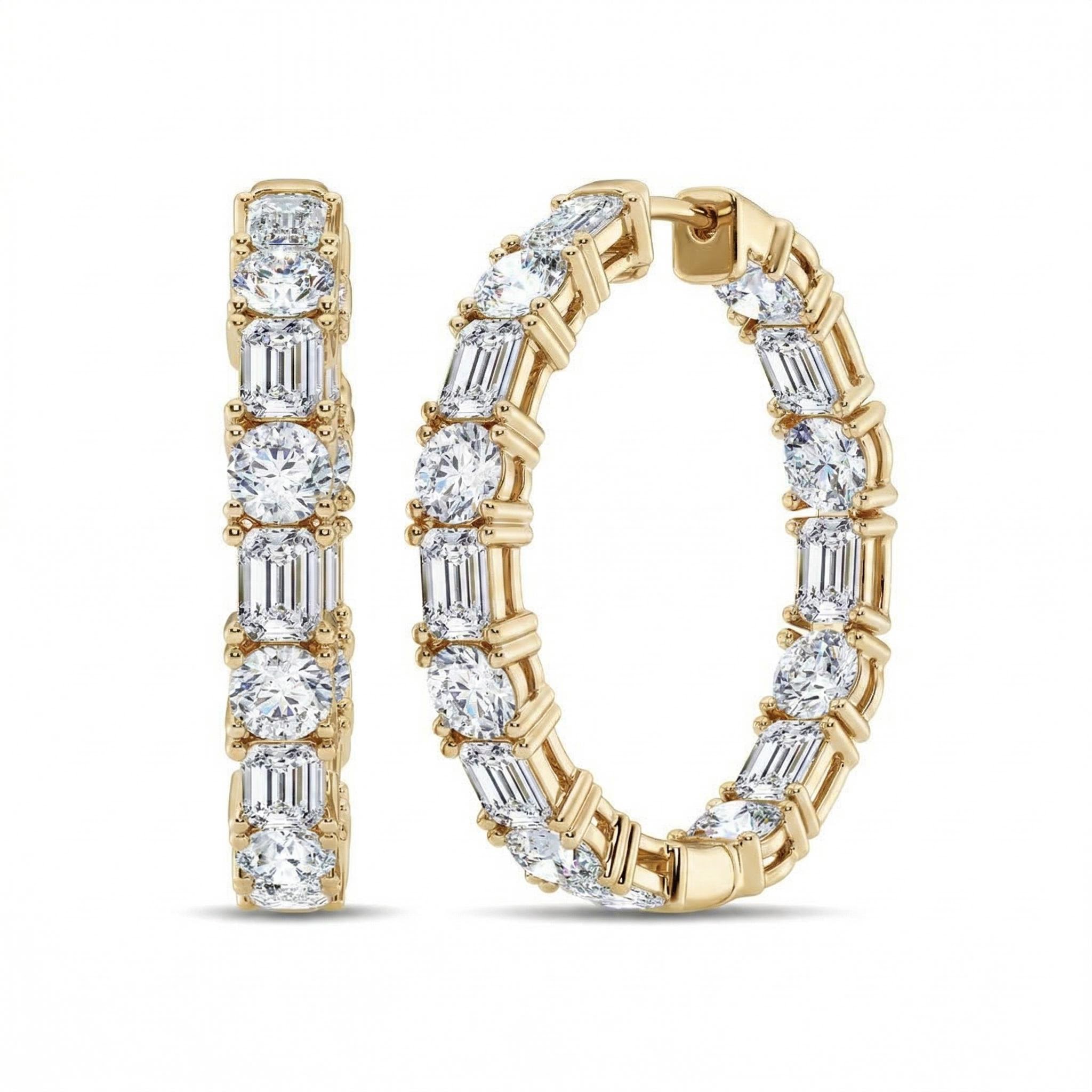 8.0 ct.tw. Alternating Emerald & Round Cut VVS Moissanite S925 Silver Hoop Earrings