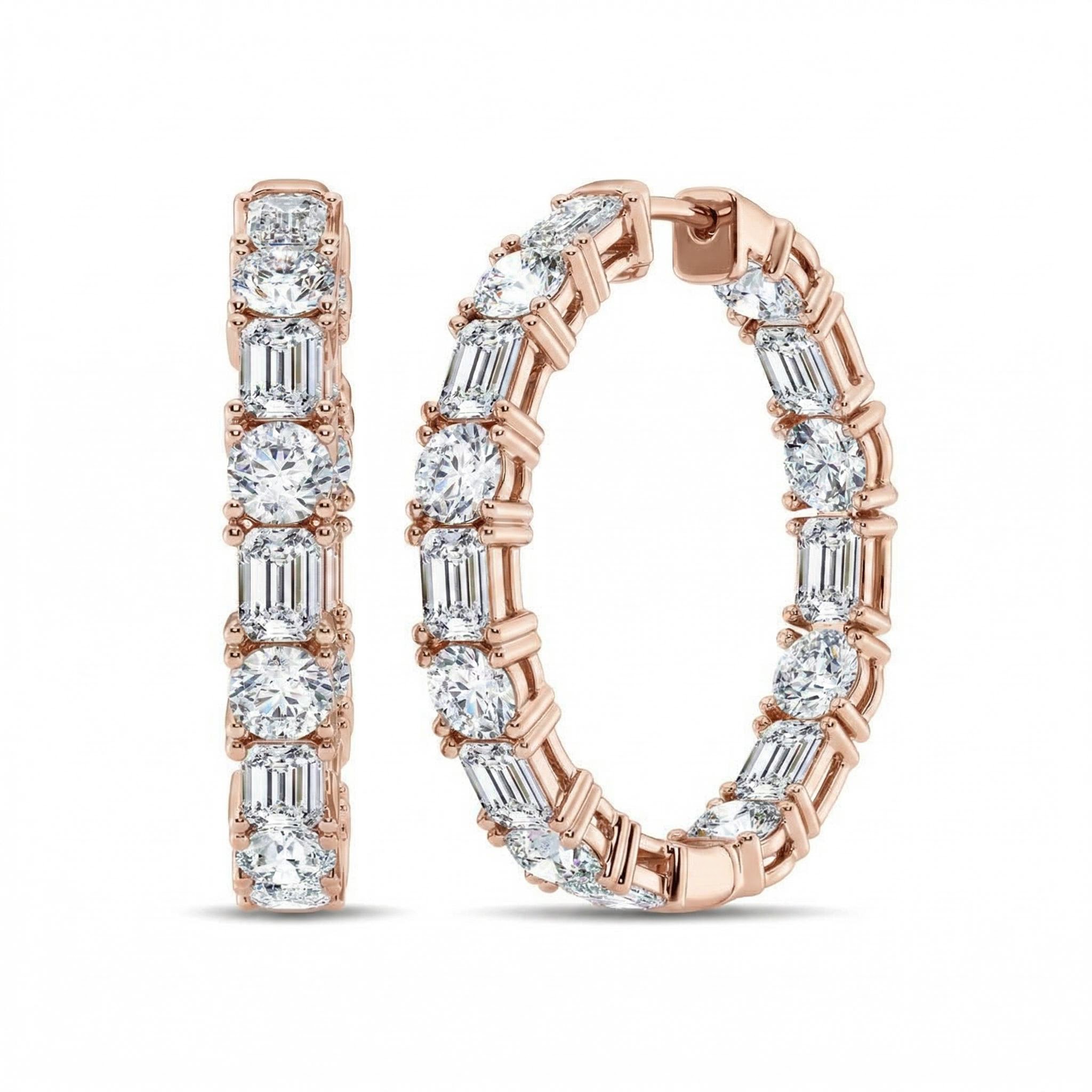 8.0 ct.tw. Alternating Emerald & Round Cut VVS Moissanite S925 Silver Hoop Earrings