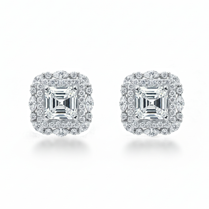 1.2 ct.tw. Dual Halo Asscher Cut VVS Moissanite S925 Silver Stud Earrings