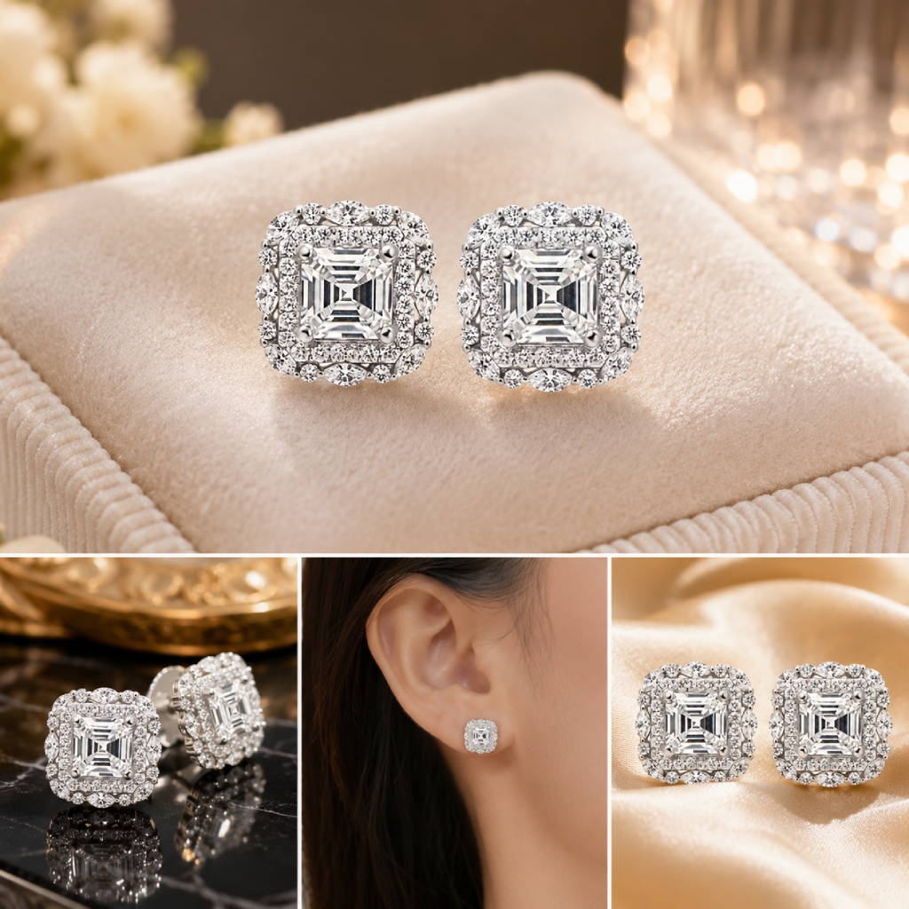1.2 ct.tw. Dual Halo Asscher Cut VVS Moissanite S925 Silver Stud Earrings