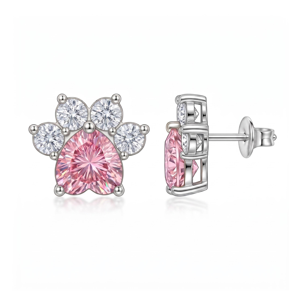 0.86 ct.tw. Cute Cat Paw Pink Heart Cut Stud Earrings
