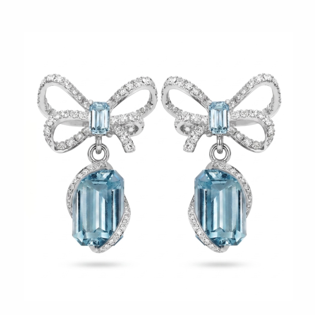 2.6 ct.tw. Bow-shaped Aquamarine Emerald Cut Drop Earrings