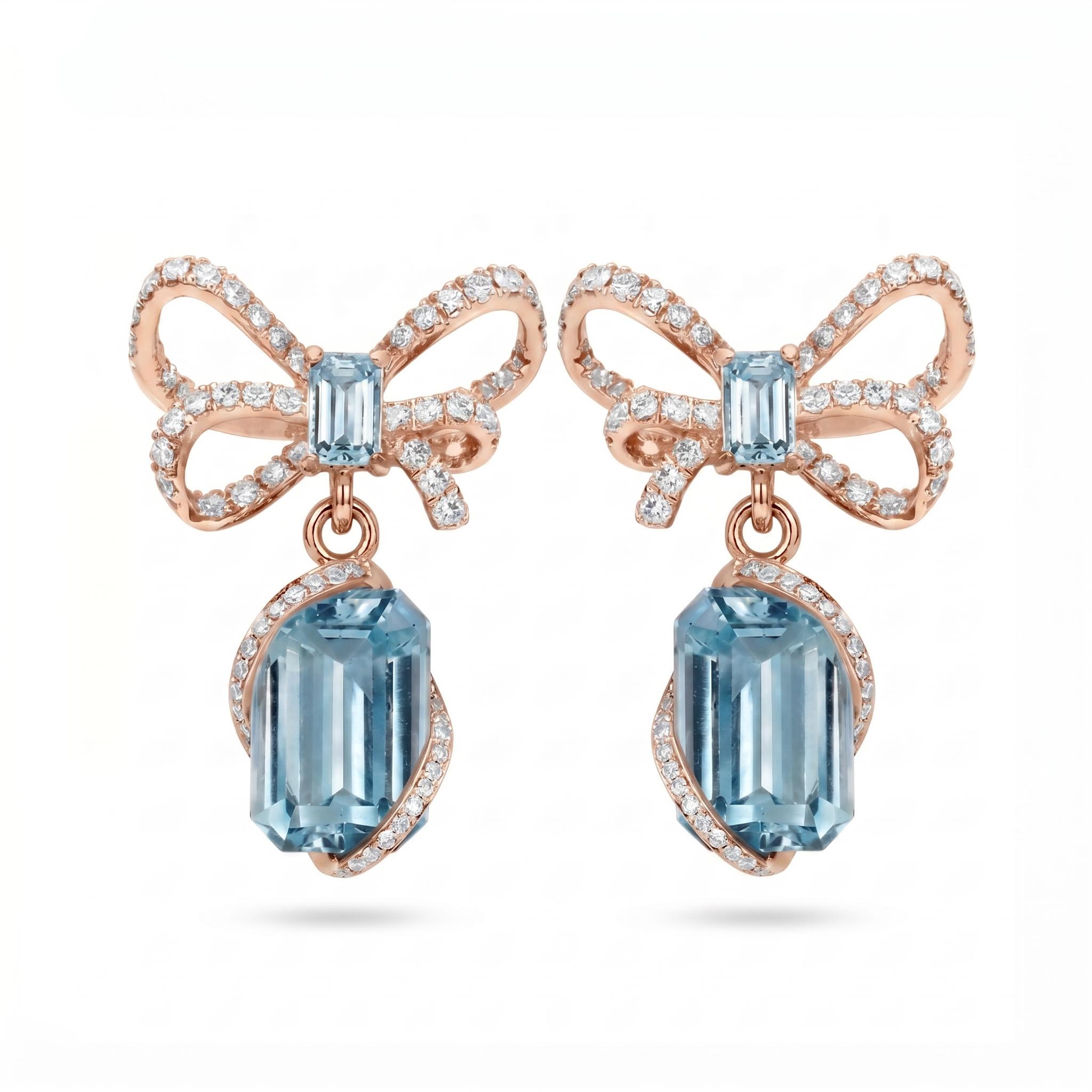 2.6 ct.tw. Bow-shaped Aquamarine Emerald Cut Drop Earrings