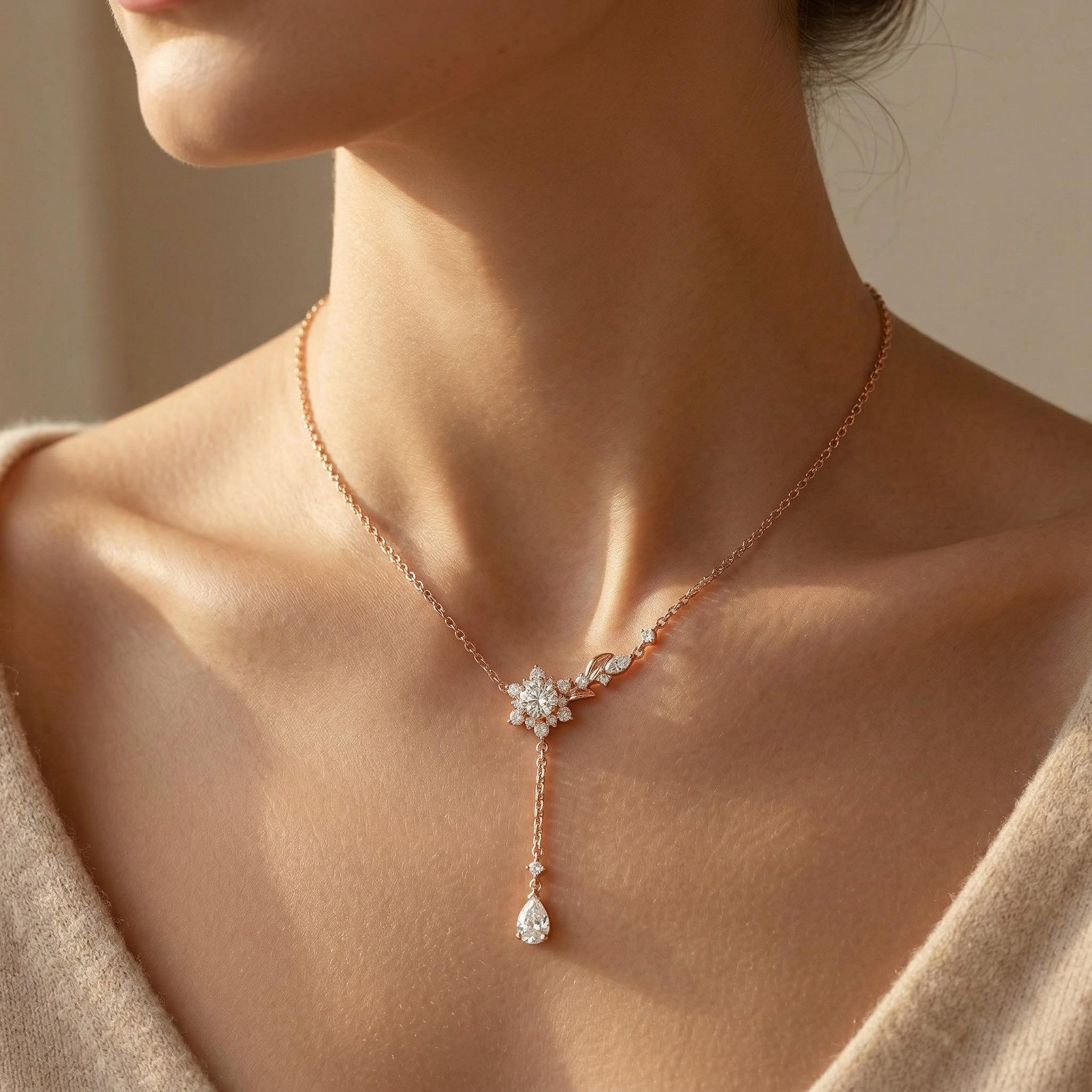 1.8 ct.tw. Y-drop Floral Round + Pear Cut VVS Moissanite S925 Silver Necklace