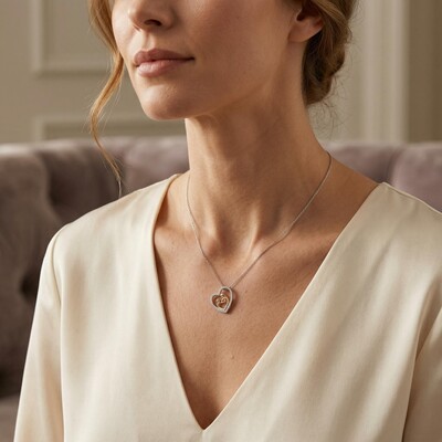 Two-tone Mother & Child Embrace Heart Diamond S925 Silver Pendant Necklace