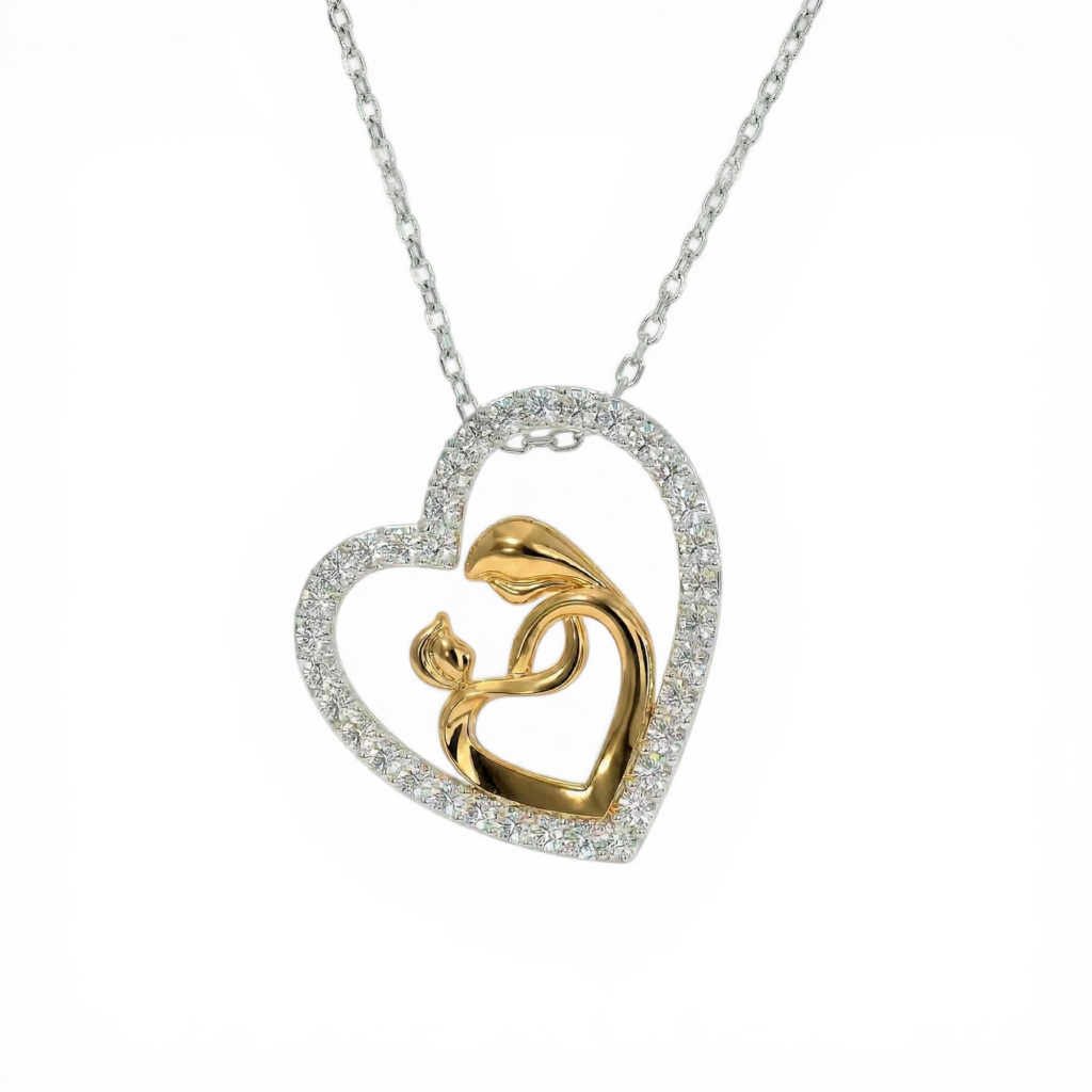 Two-tone Mother & Child Embrace Heart Diamond S925 Silver Pendant Necklace