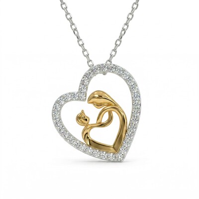 Two-tone Mother & Child Embrace Heart Diamond S925 Silver Pendant Necklace